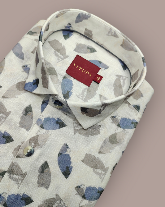 Men's Tailored Fit Leaf Print Full Sleeves Shirt – Off-White & Blue