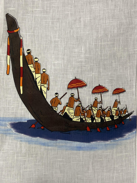 Men’s White Half Sleeve Linen Shirt with Vallam Kali Boat Race Print – Onam Special Edition