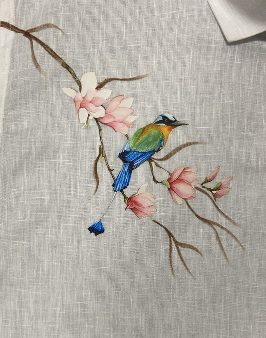 Men’s White Full Sleeve Linen Shirt with Bird & Blossom Print – Onam Special Edition