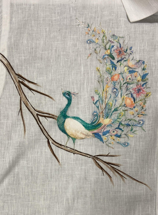 Men’s White Full Sleeve Linen Shirt with Artistic Peacock Design – Onam Special Edition