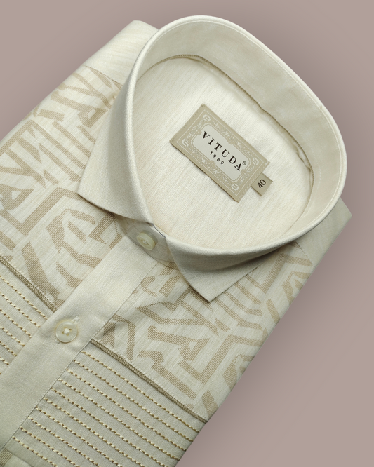 Men’s Full Sleeves Ivory Designer Shirt - Premium Textured Fabric with Geometric Panel Detailing