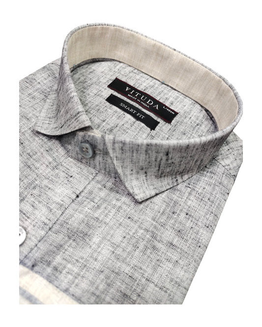 Men's Grey Textured Half Sleeves Shirt with Beige Stripe Detailing