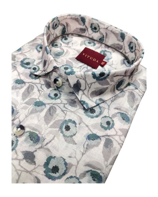 Men's White & Teal Floral Printed  Half Sleeves Cotton Shirt