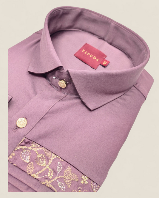 Men's Maroon Designer Full Sleeves Shirt with Floral Jacquard Panels