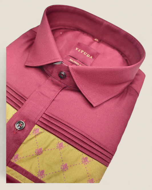 Men's Full Sleeves Maroon & Mustard Premium - Satin Cotton Shirt