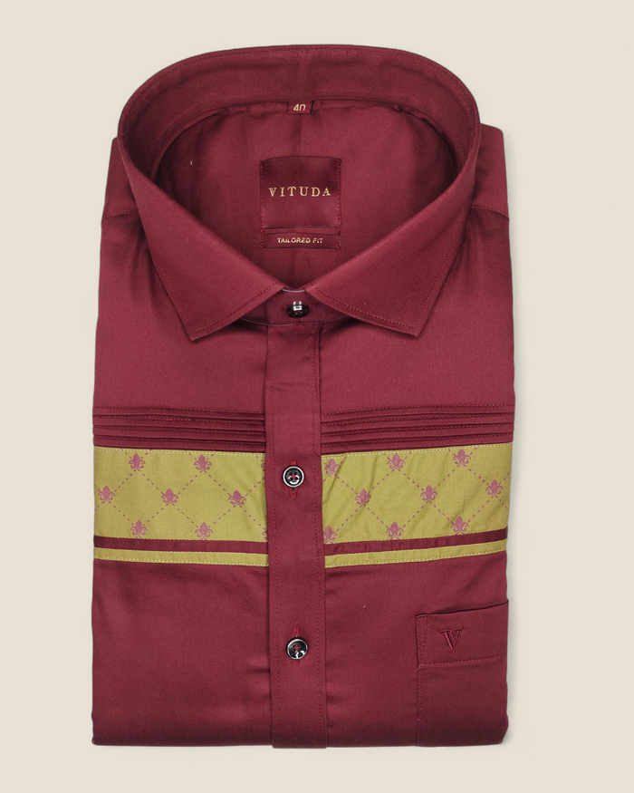 Men's Full Sleeves Maroon & Mustard Premium - Satin Cotton Shirt
