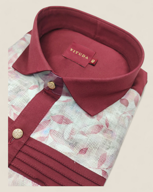 Men's Maroon Full Sleeves Shirt with Elegant Floral Jacquard Detailing
