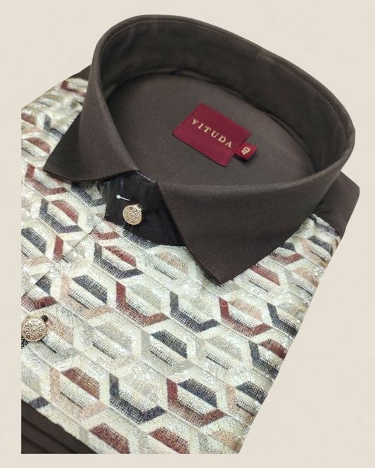 Men's Full Sleeves Party Wear Shirt – Geometric Embroidered Elegance (Dark Brown)