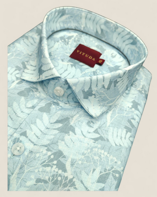 Men’s Sky Blue Linen Full Sleeve Shirt – Botanical Leaf Print