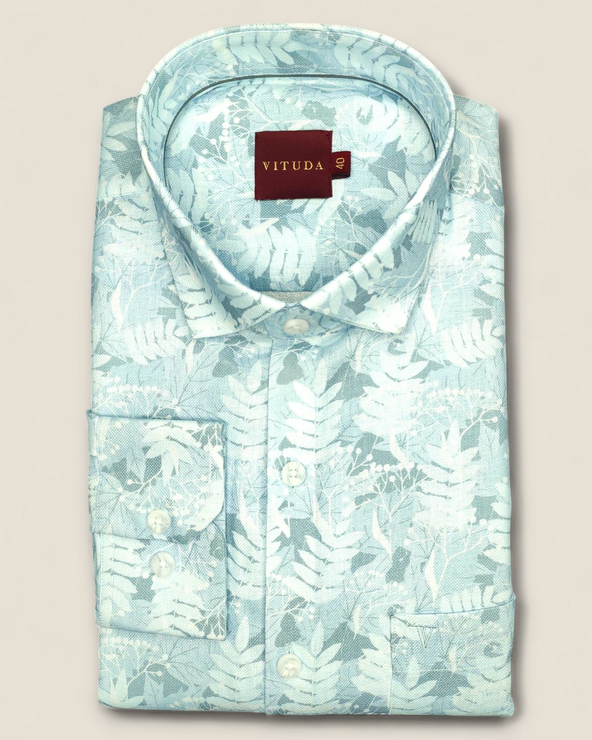 Men’s Sky Blue Linen Full Sleeve Shirt – Botanical Leaf Print
