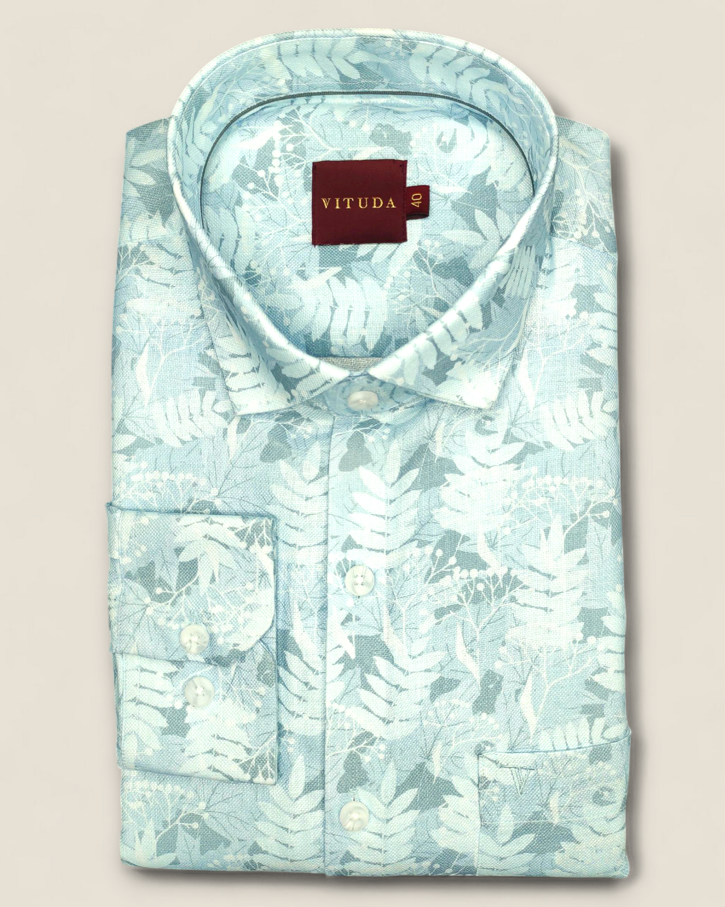 Men’s Sky Blue Linen Full Sleeve Shirt – Botanical Leaf Print