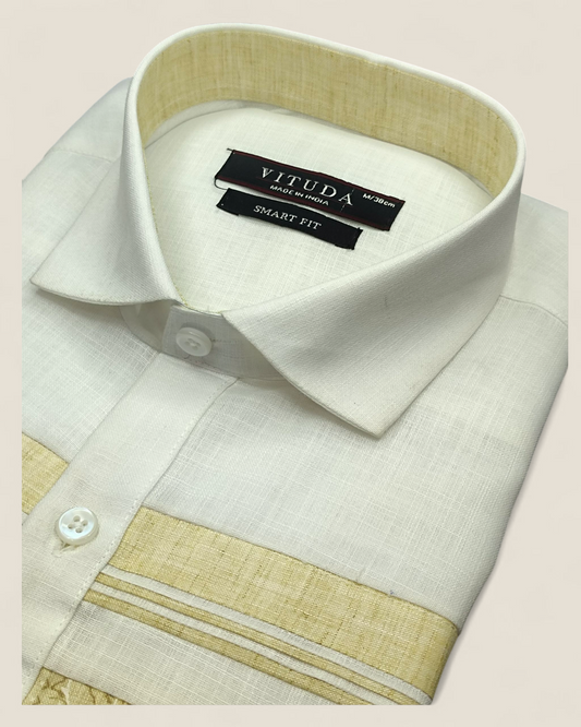 Men’s Full Sleeves Ethnic Fusion Shirt – Cream with Golden Textured & Embroidered Panel