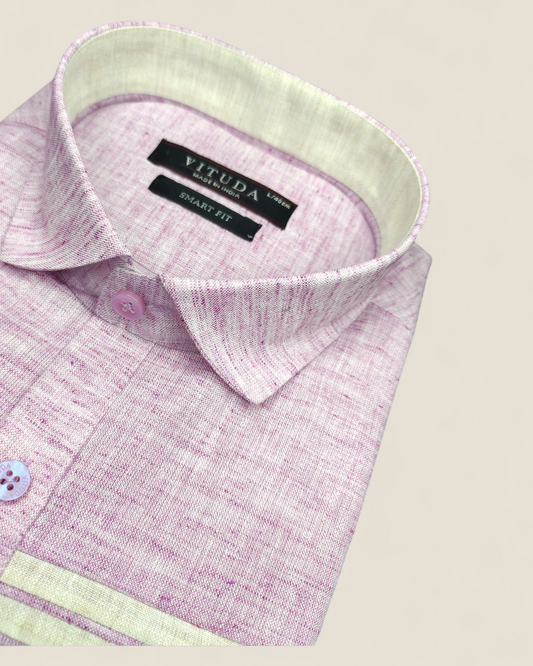 Men’s Full Sleeves Textured Cotton Linen Shirt – Rose Pink with Cream Stripes