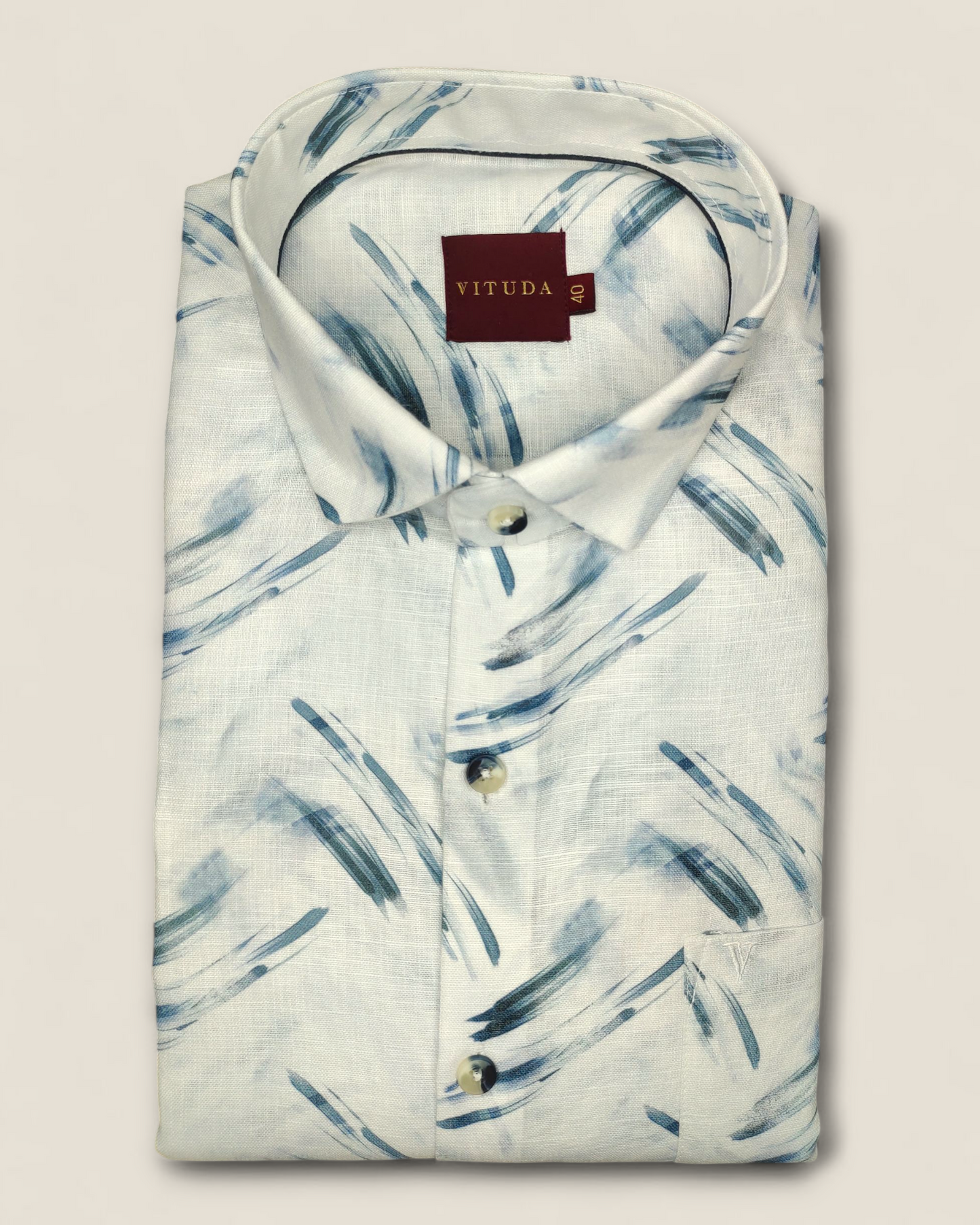 Men’s White Printed Linen Full Sleeve Shirt – Brushstroke Design