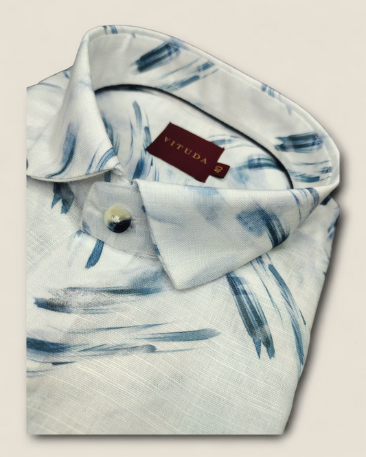 Men’s White Printed Linen Full Sleeve Shirt – Brushstroke Design