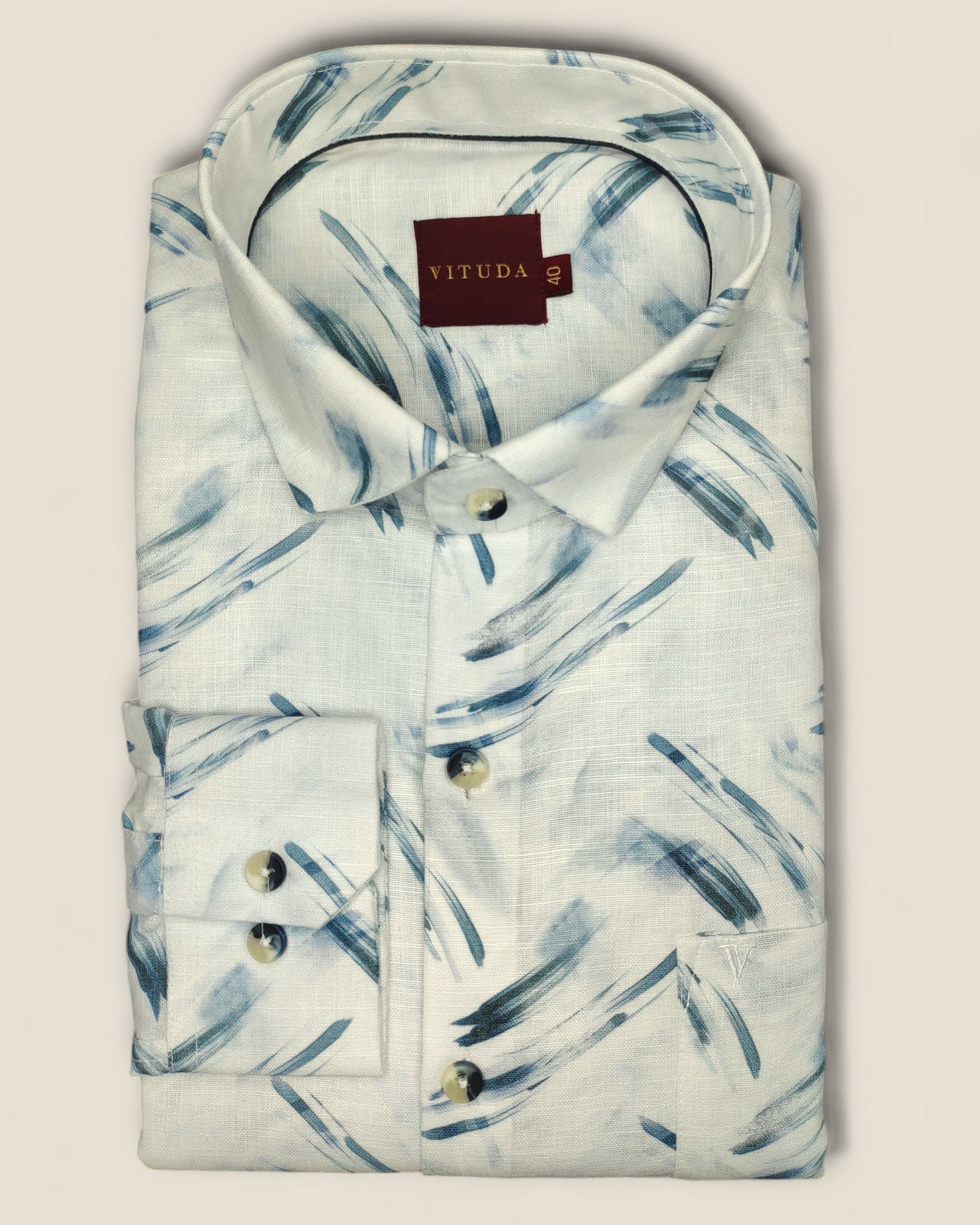 Men’s White Printed Linen Full Sleeve Shirt – Brushstroke Design