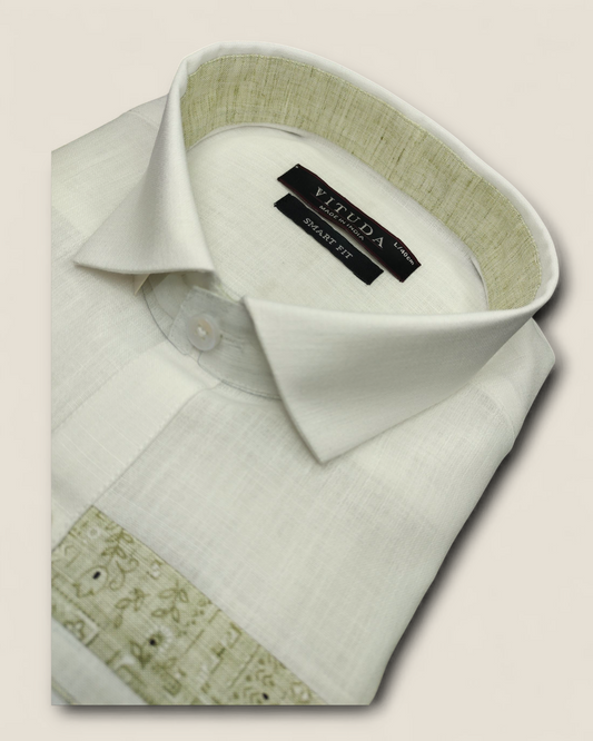 Men's Full Sleeves White Shirt with Olive Green Pattern