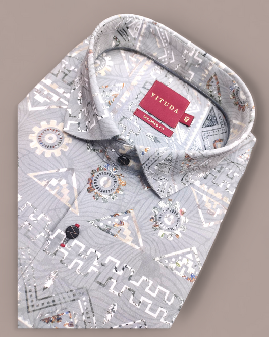 Men’s Grey Printed Half Sleeve Shirt – Geometric Pattern Design