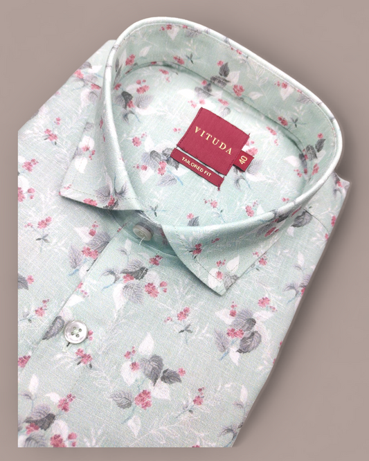 Men’s Floral Printed Half Sleeve Shirt – Mint Green with Pink Accents