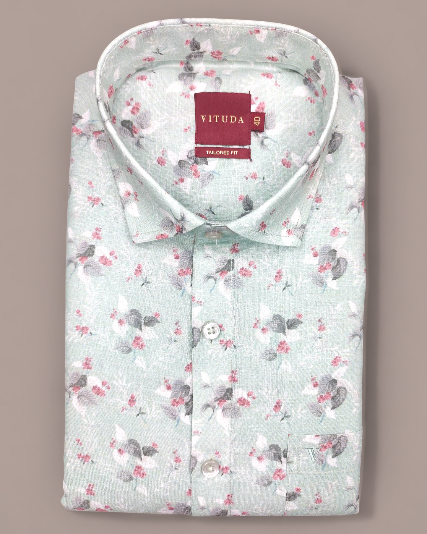 Men’s Floral Printed Half Sleeve Shirt – Mint Green with Pink Accents