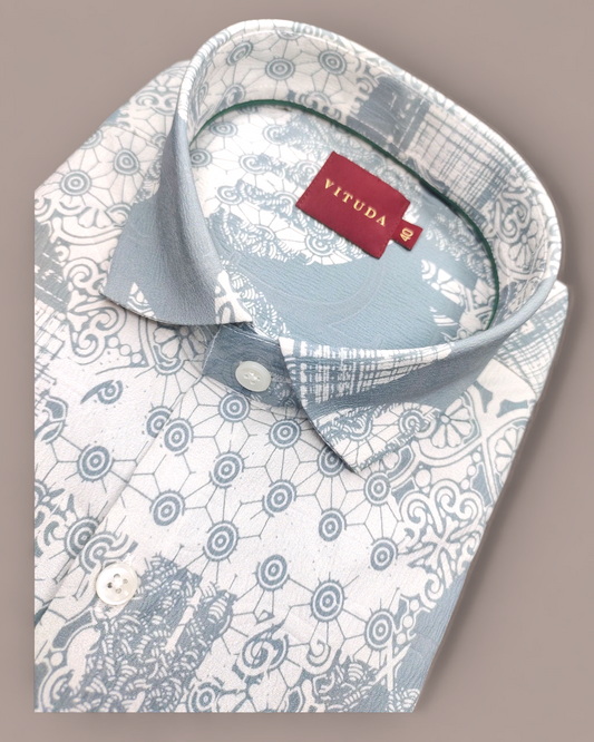 Men’s Geometric Printed Half Sleeve Shirt – Grey & White