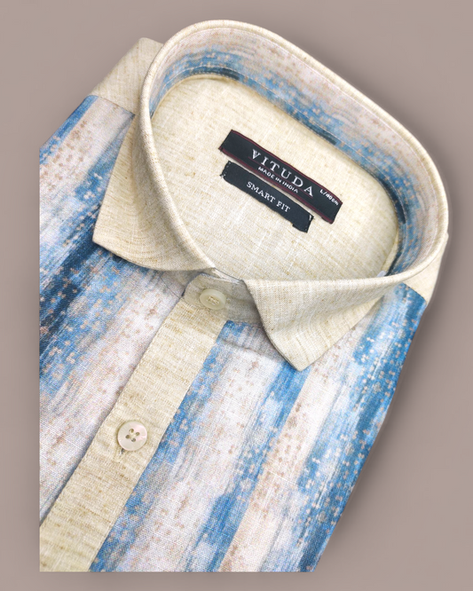 Men’s Striped Printed Half Sleeve Shirt – Beige & Blue Tones