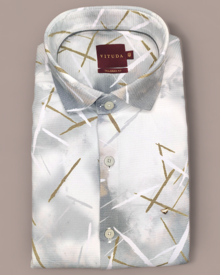 Men’s Abstract Printed Half Sleeve Shirt – Grey & Gold Accents