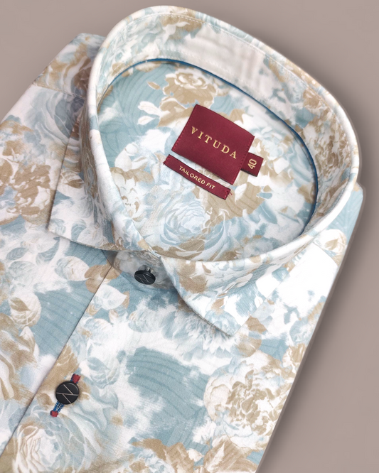 Men’s Floral Printed Half Sleeve Shirt – Sky Blue & Beige