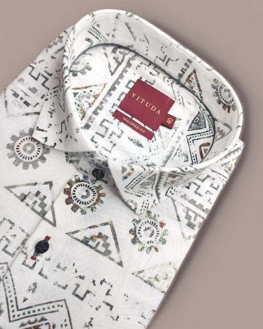Men’s Tribal Geometric Printed Half Sleeve Shirt – White & Multi-Color Accents