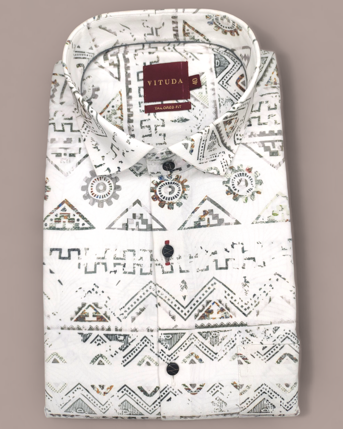 Men’s Tribal Geometric Printed Half Sleeve Shirt – White & Multi-Color Accents