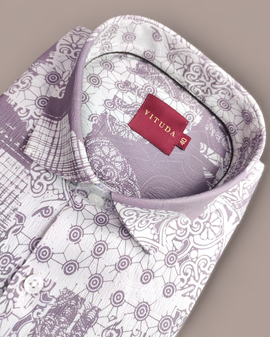 Men’s Geometric Printed Half Sleeve Shirt – White & Lavender