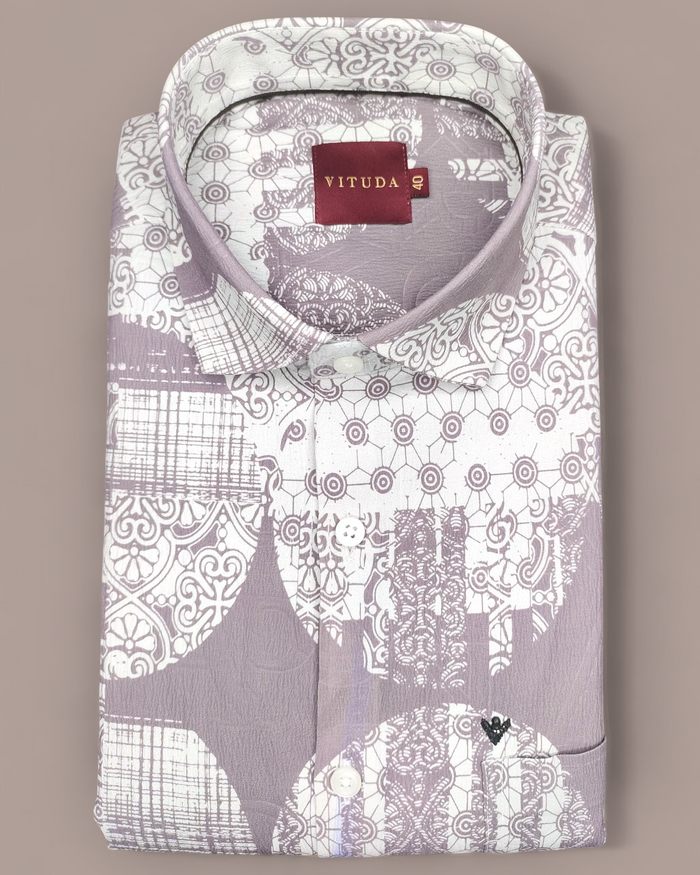 Men’s Geometric Printed Half Sleeve Shirt – White & Lavender
