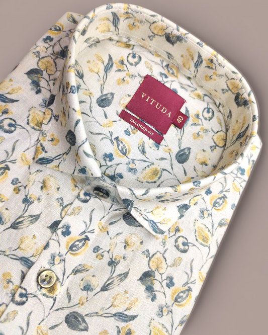 Men’s Half Sleeve Floral Printed Shirt – White with Yellow & Grey Accents
