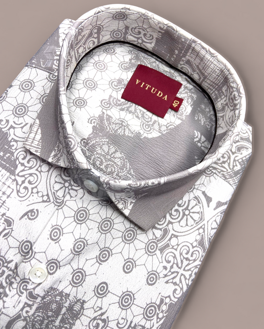 Men’s Grey & White Geometric Printed Half Sleeves Shirt
