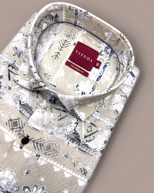 Men’s Tailored Fit Beige Floral Printed Half Sleeve Shirt