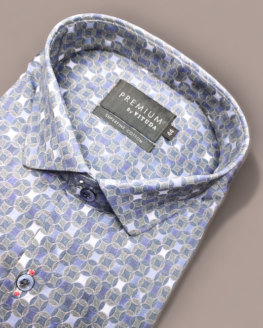 Men’s Blue & Olive Micro-Geometric Print Half Sleeve Shirt – Premium Collection
