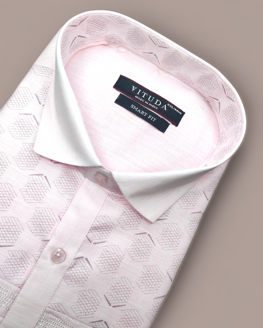 Men's Half Sleeves Pink Shirt with Hexagonal Embroidery