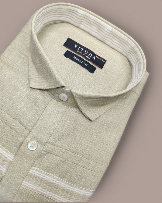 Men's Half Sleeves Beige Party Wear Shirt with Striped Detailing