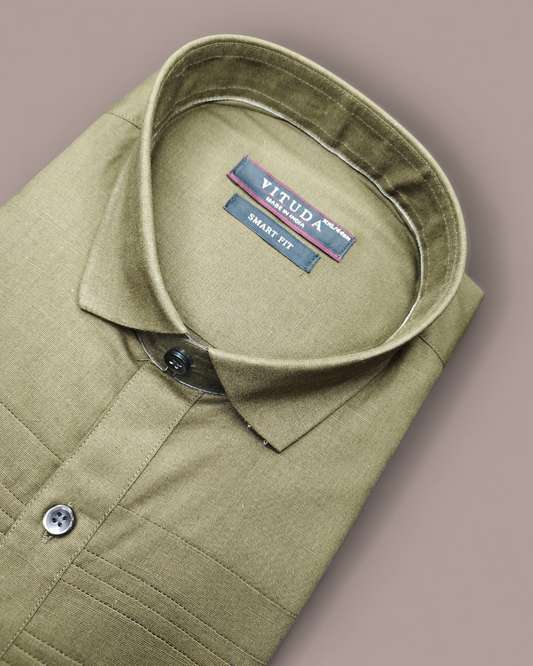 Men's Half Sleeves Khaki Shirt with Subtle Striped Detailing