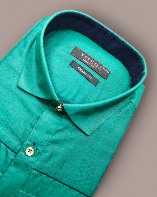 Men's Half Sleeves Green Party Wear Shirt with Contrast Collar