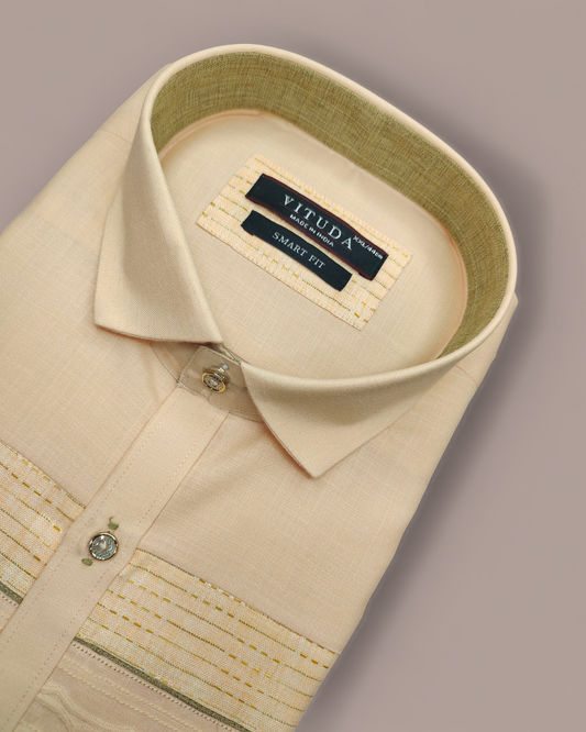 Men's Half Sleeves Beige Shirt with Embroidered Detailing