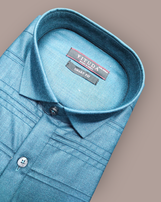 Men's Full Sleeves Teal Shirt with Textured Stripes