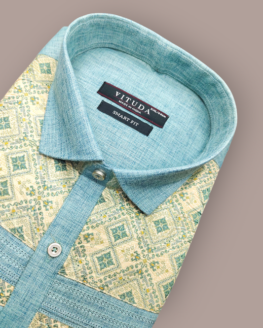 Men's Full Sleeves Blue Shirt with Yellow Geometric Print