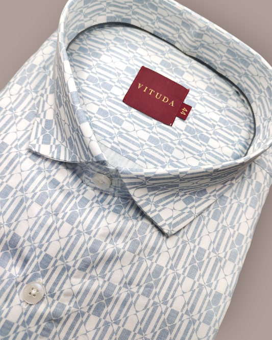 Men's Full Sleeves White Shirt with Geometric Blue Print