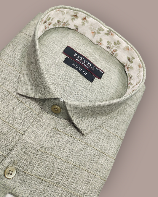 Men's Full Sleeves Olive Green Shirt with Floral Contrast Details