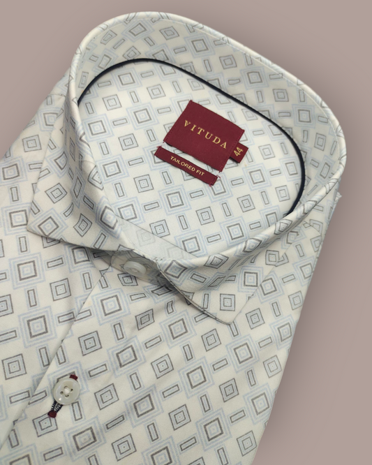 Men's Full Sleeves White Shirt with Geometric Diamond Print