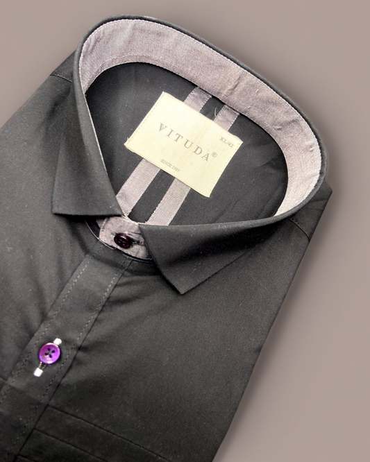 Men's Full Sleeves Black Shirt with Purple Button Detailing