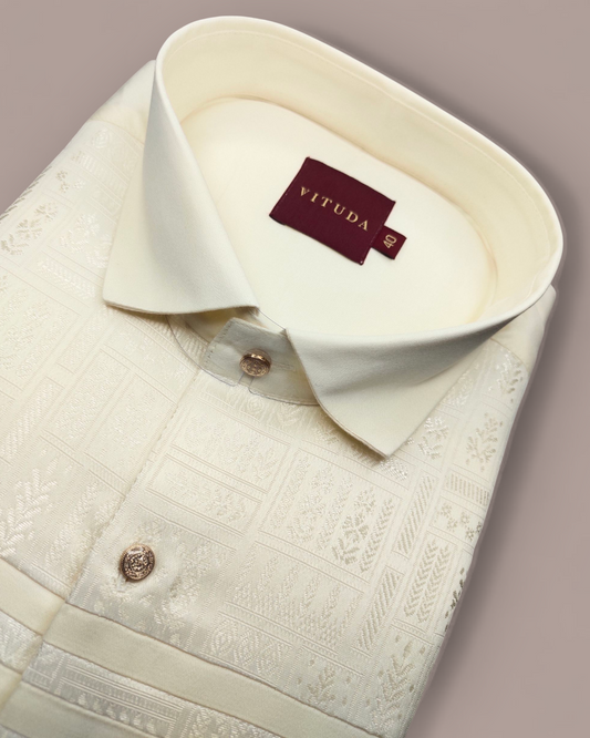 Men's Full Sleeves Party Wear Shirt - Ivory with Subtle Jacquard Pattern
