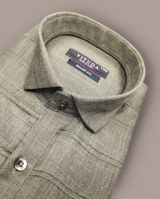 Men's Full Sleeves Party Wear Shirt - Olive Green with Subtle Check Pattern