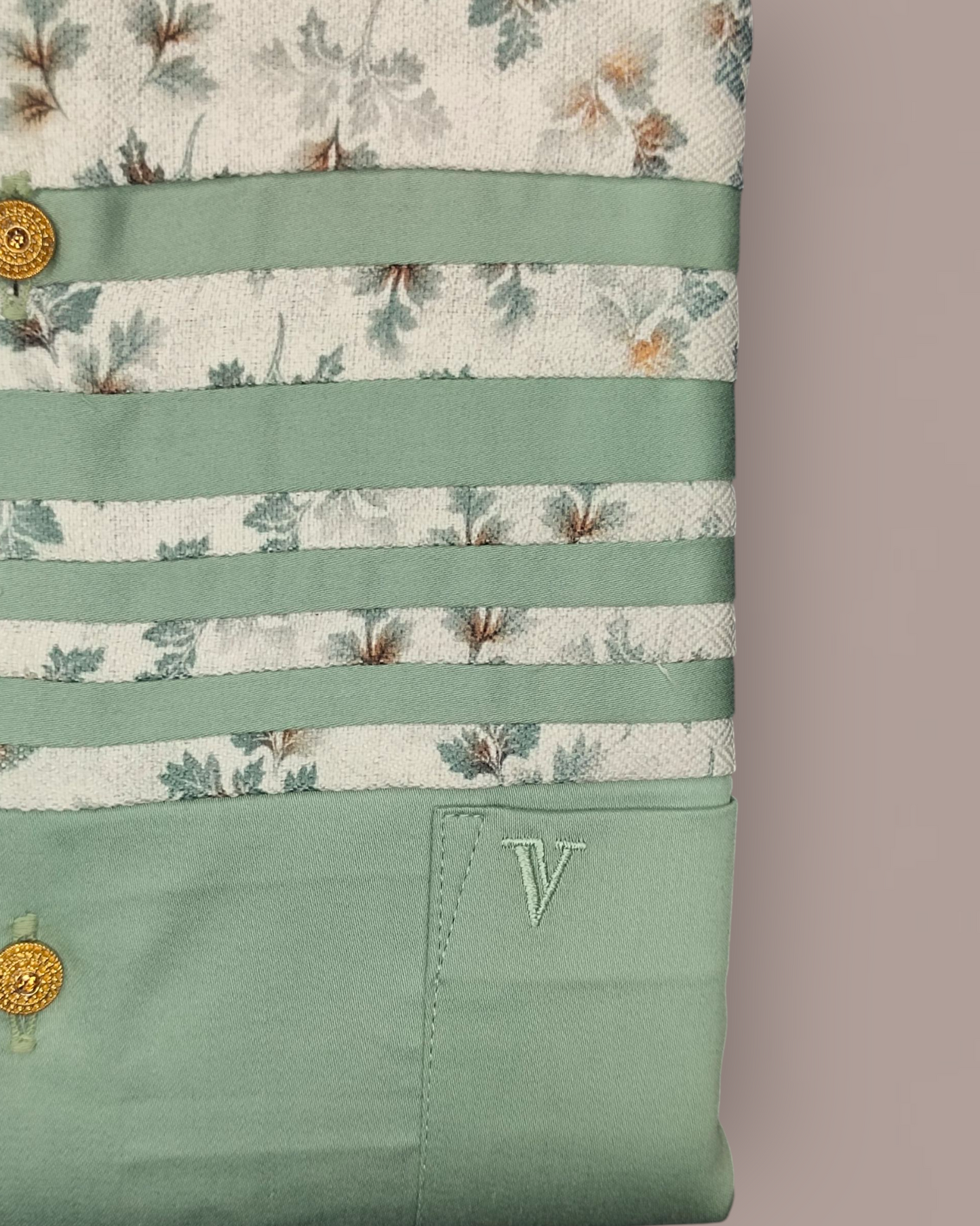 Men's Full Sleeves Mint Green Floral Designer Shirt with Golden Buttons – Premium Smart Fit